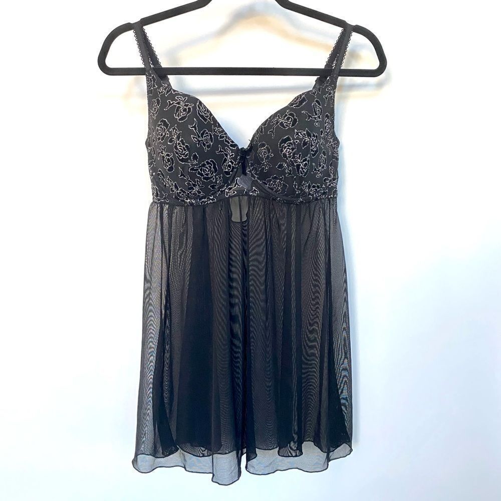 Body Form Black Mesh Lace Babydoll, Size 1X